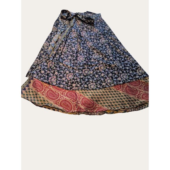 Dresses & Skirts - Reversible Boho Floral & Paisley Wrap Skirt Adjustable Tie Waist Multi-Color